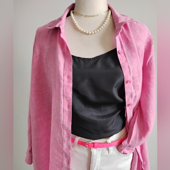 Coldwater Creek Linen Button Up Shirt Strawberry Pink Classic Coastal Size XL - Picture 12 of 17